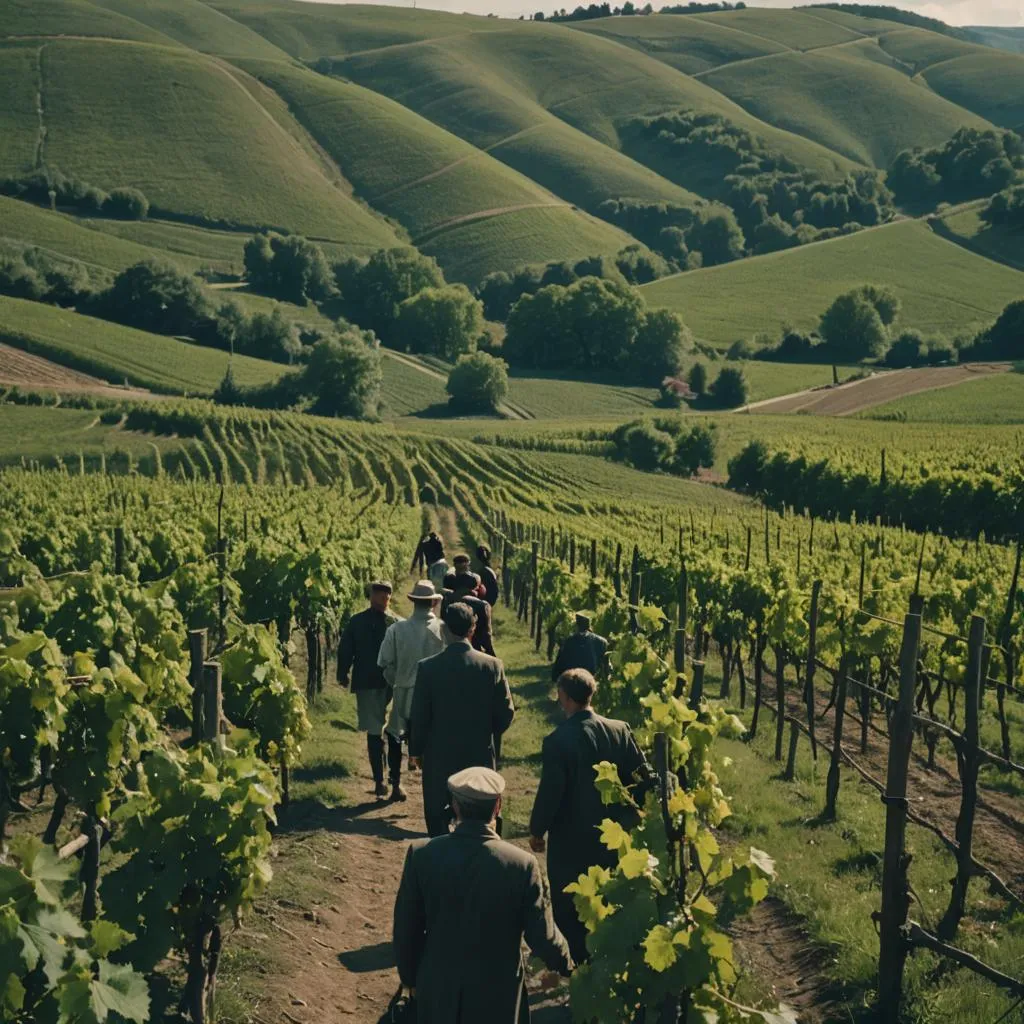 Labour people walking through field of Georgian wine
