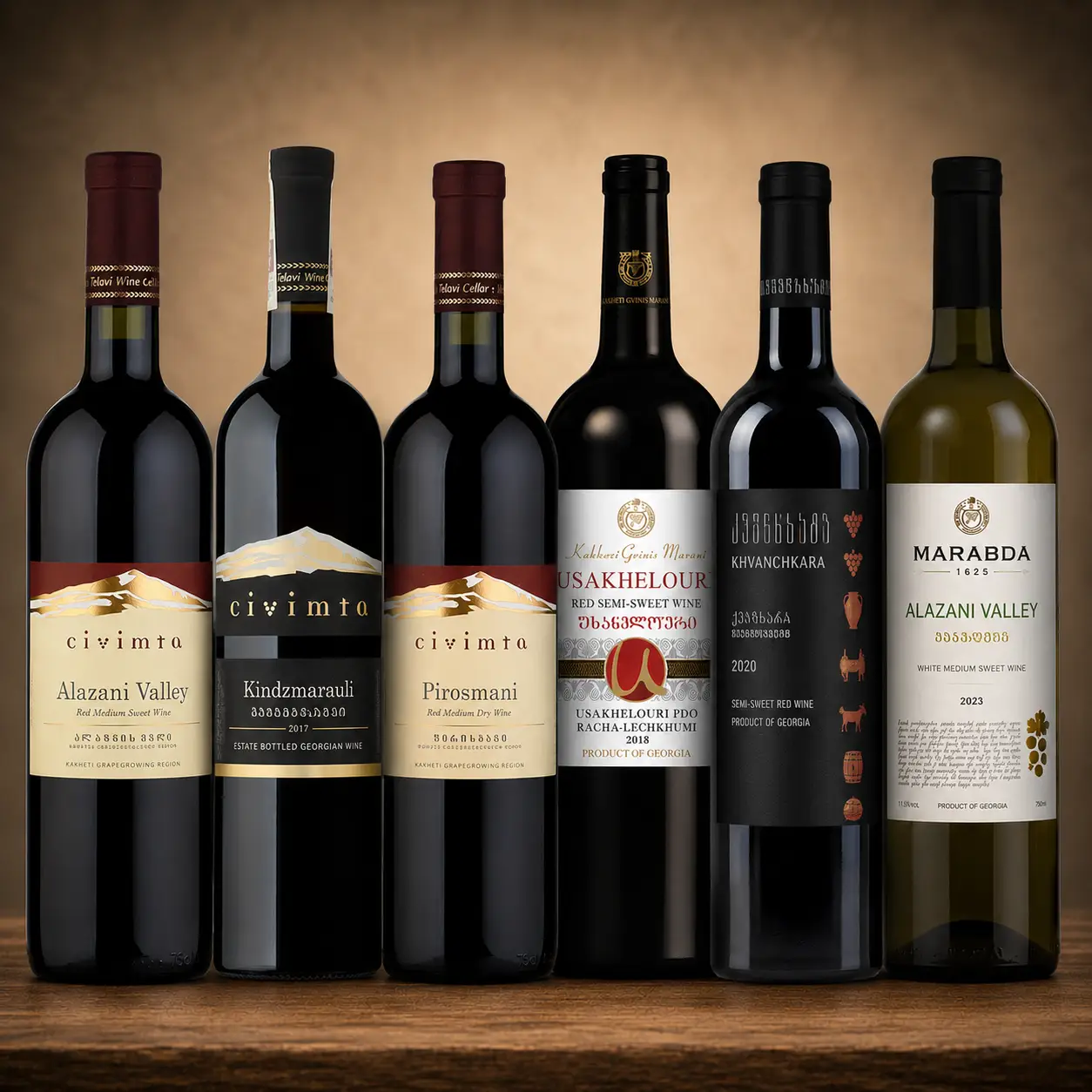 Six-bottle Georgian semi-sweet wine case, faturing a mised selection of red and white wines
